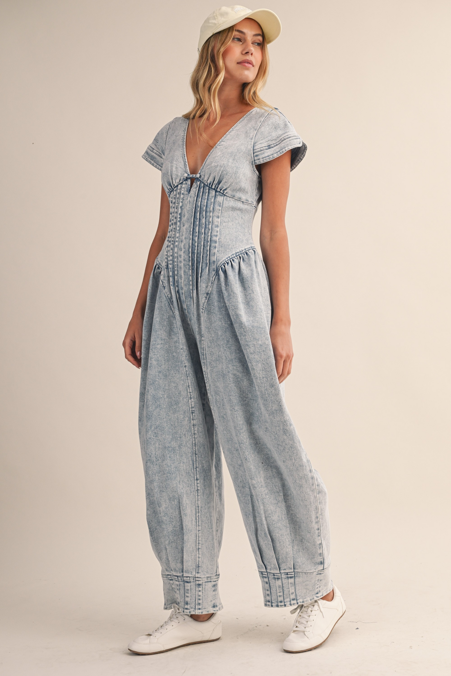 Denim Short Sleeve Pintucked Waist Barrel Jumpsuit