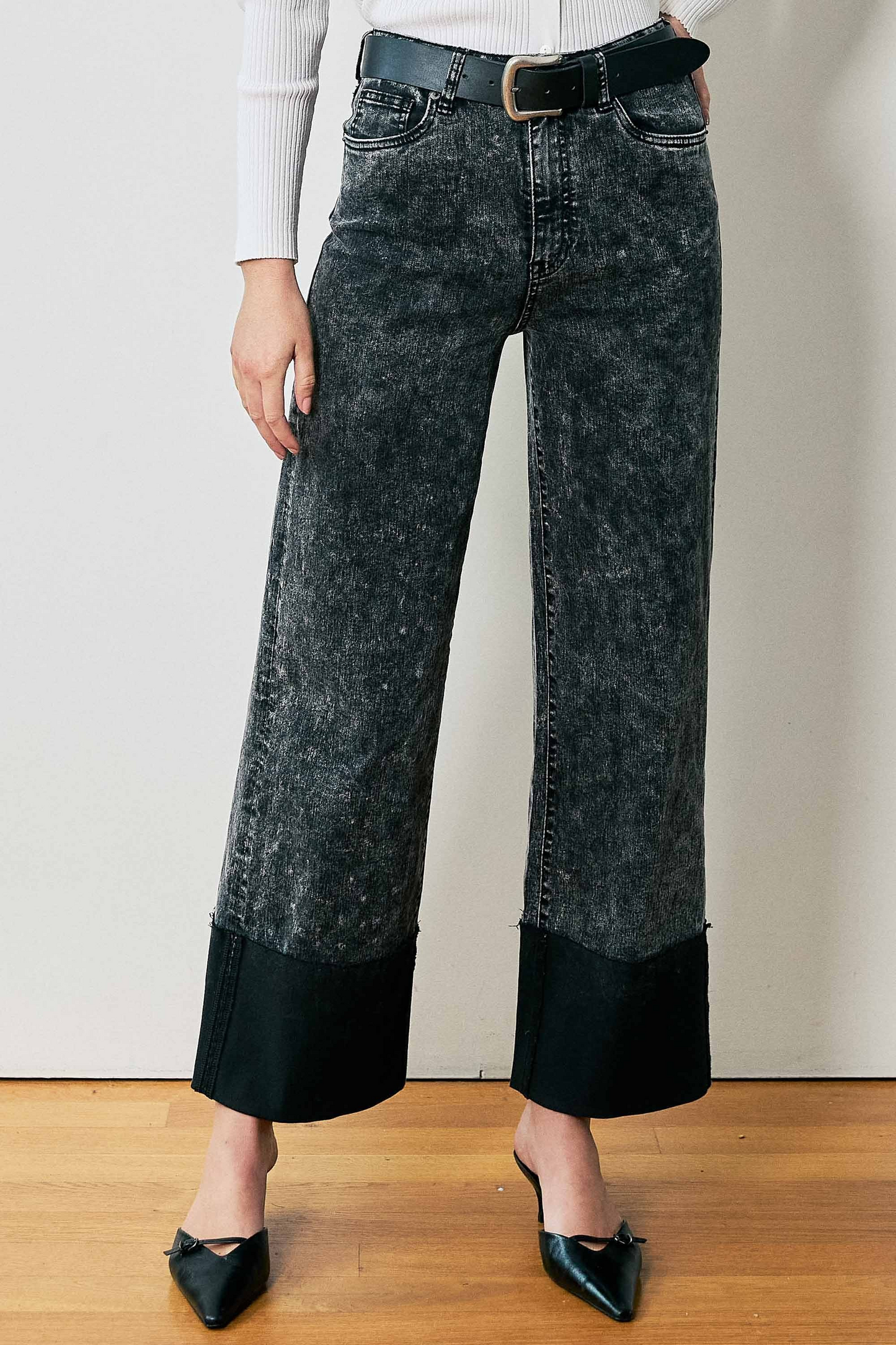 High-rise Stone Wash Cuff Fold Wide Leg Jeans