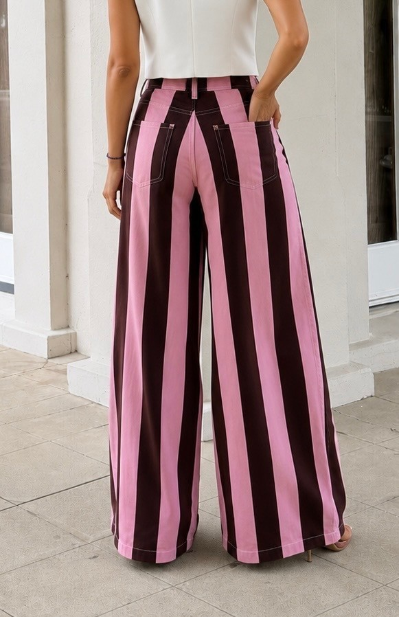 High Waisted Color Block Stripe Wide Leg Denim Jeans