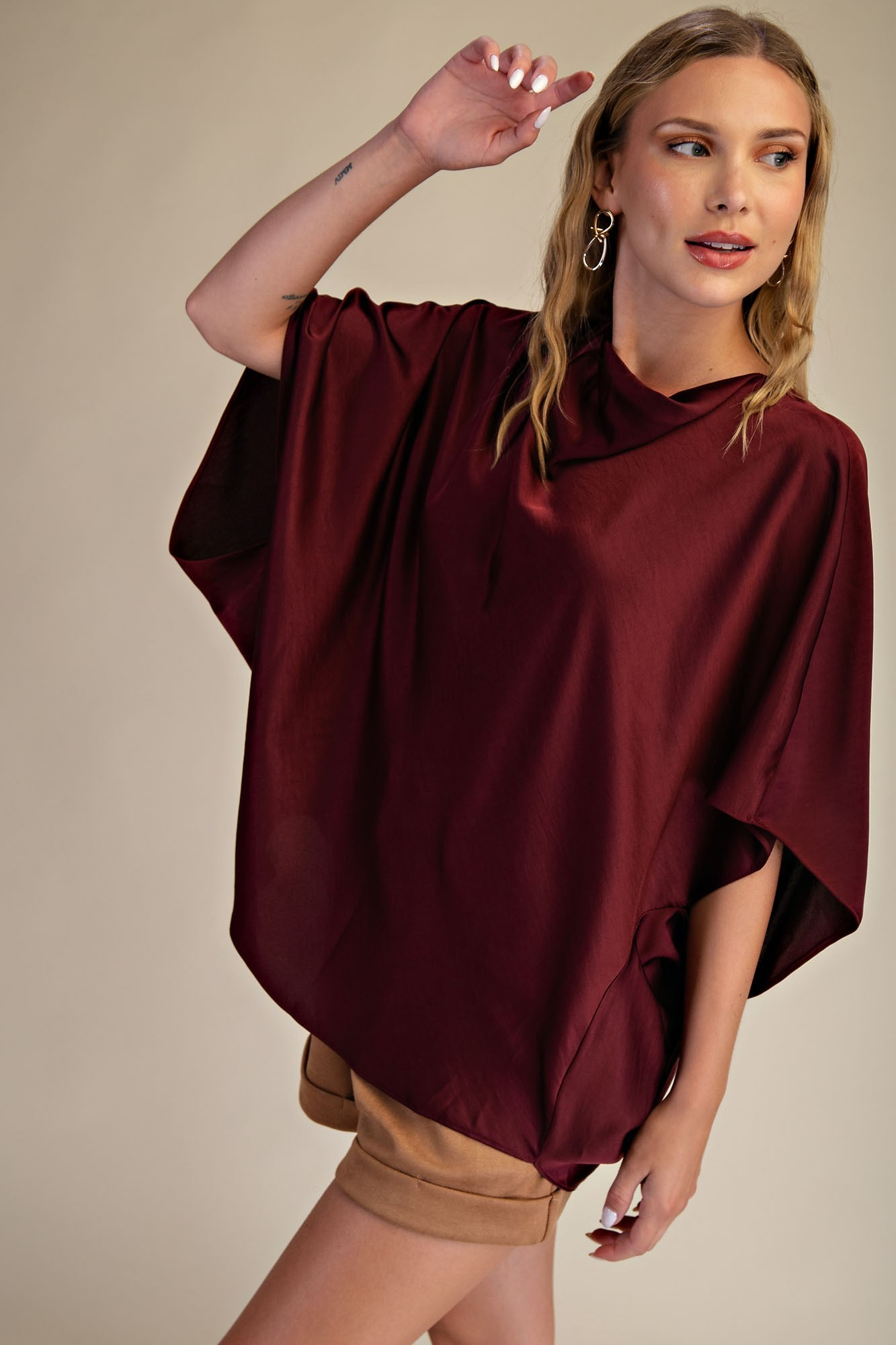 Cowl Neck Elbow Sleeve Satin Top