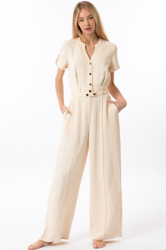 Button Down Elastic Back Jumpsuit