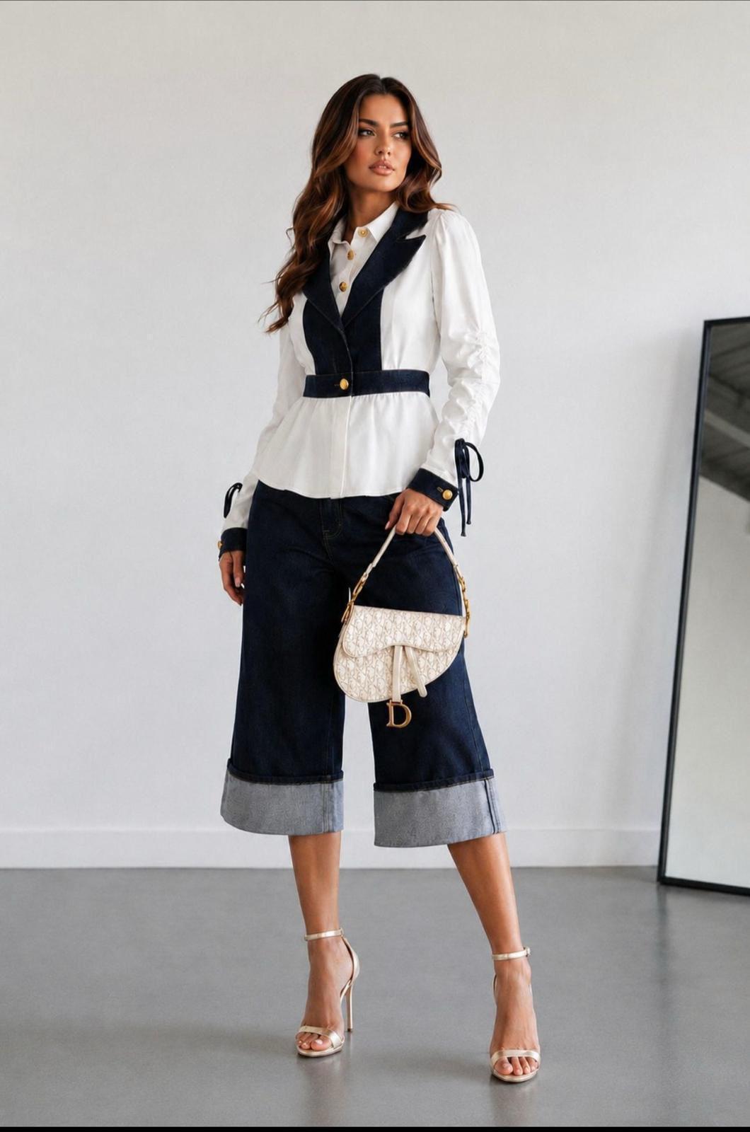 Contrast denim top and bermuda set
