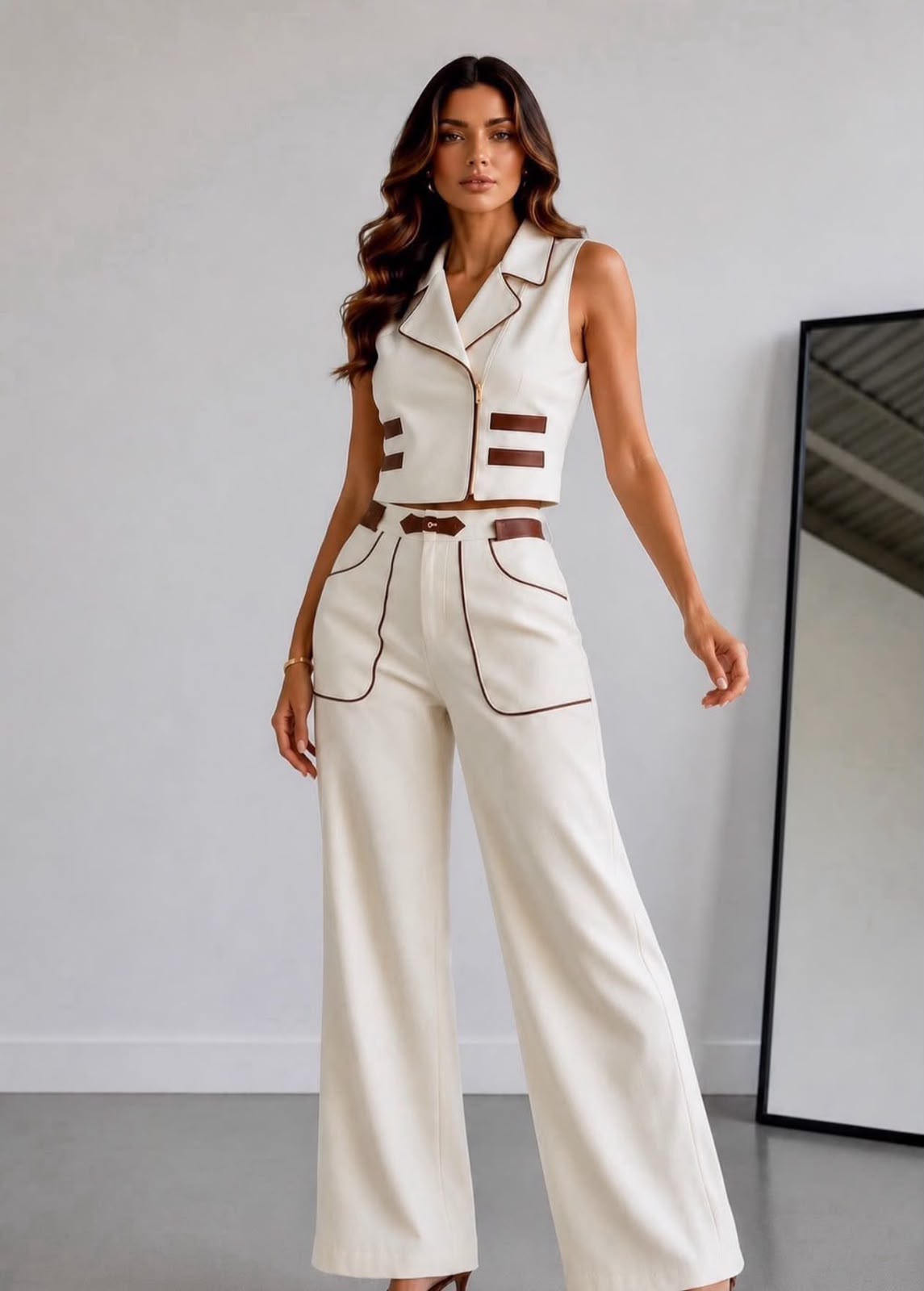 Contrast Leather details vest and pants