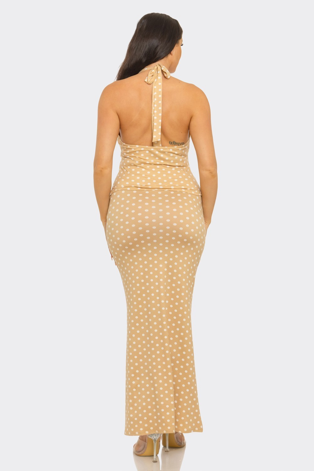 Polka Dots Front V- Neck Twist Halter Top And Skirt Set
