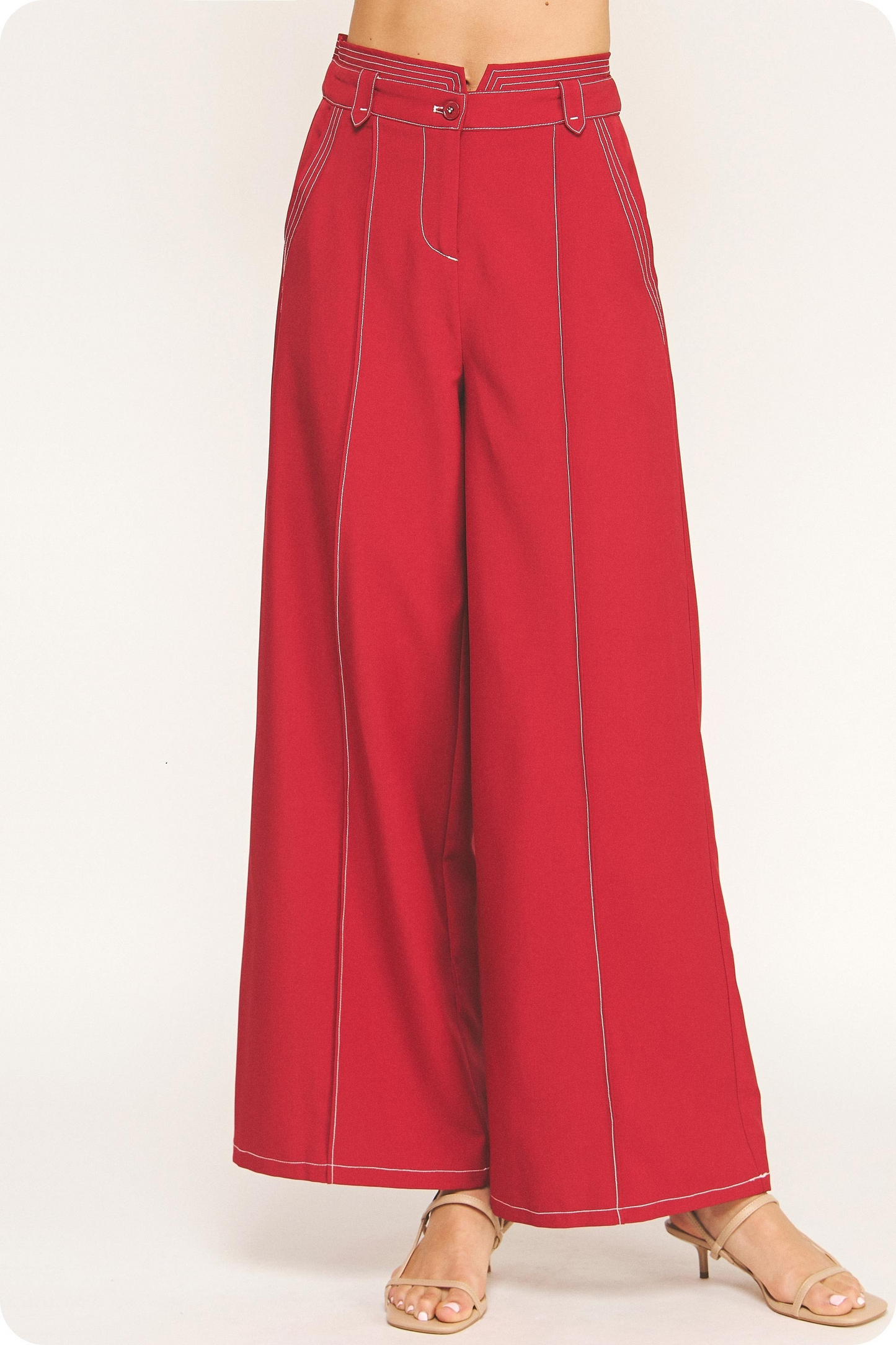 Top Stitch Detail Ruffle TOP V-neck AND Wide Leg Trousers