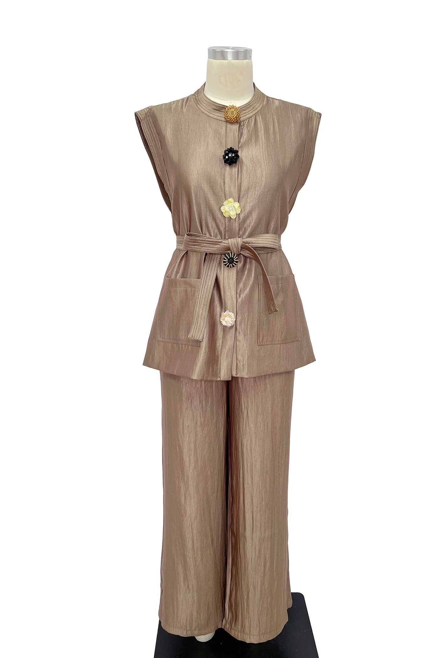 Textured Button Top And Wide Leg Pants