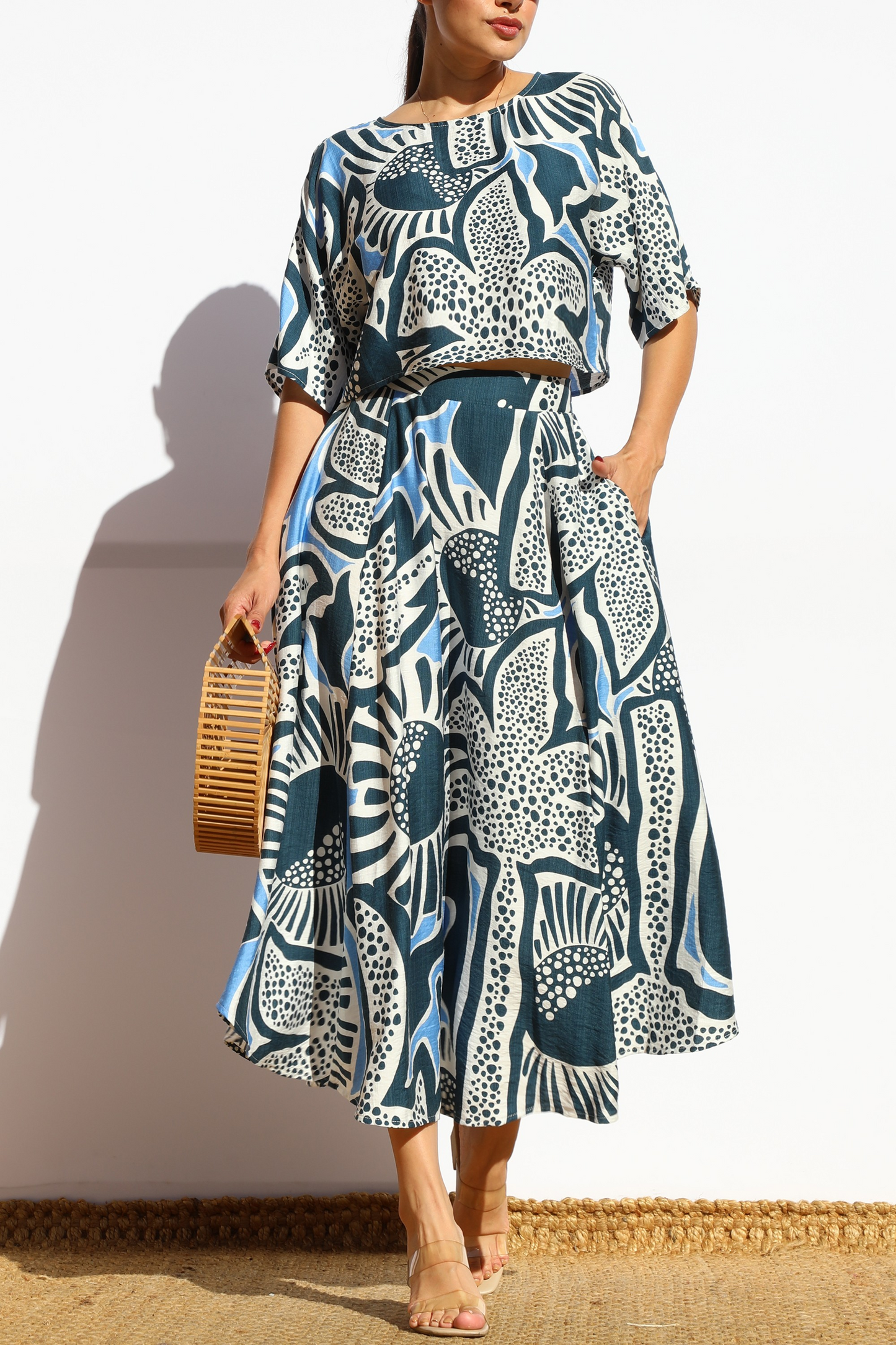 Printed Loose Fit Top And Flared Midi Skirt Set