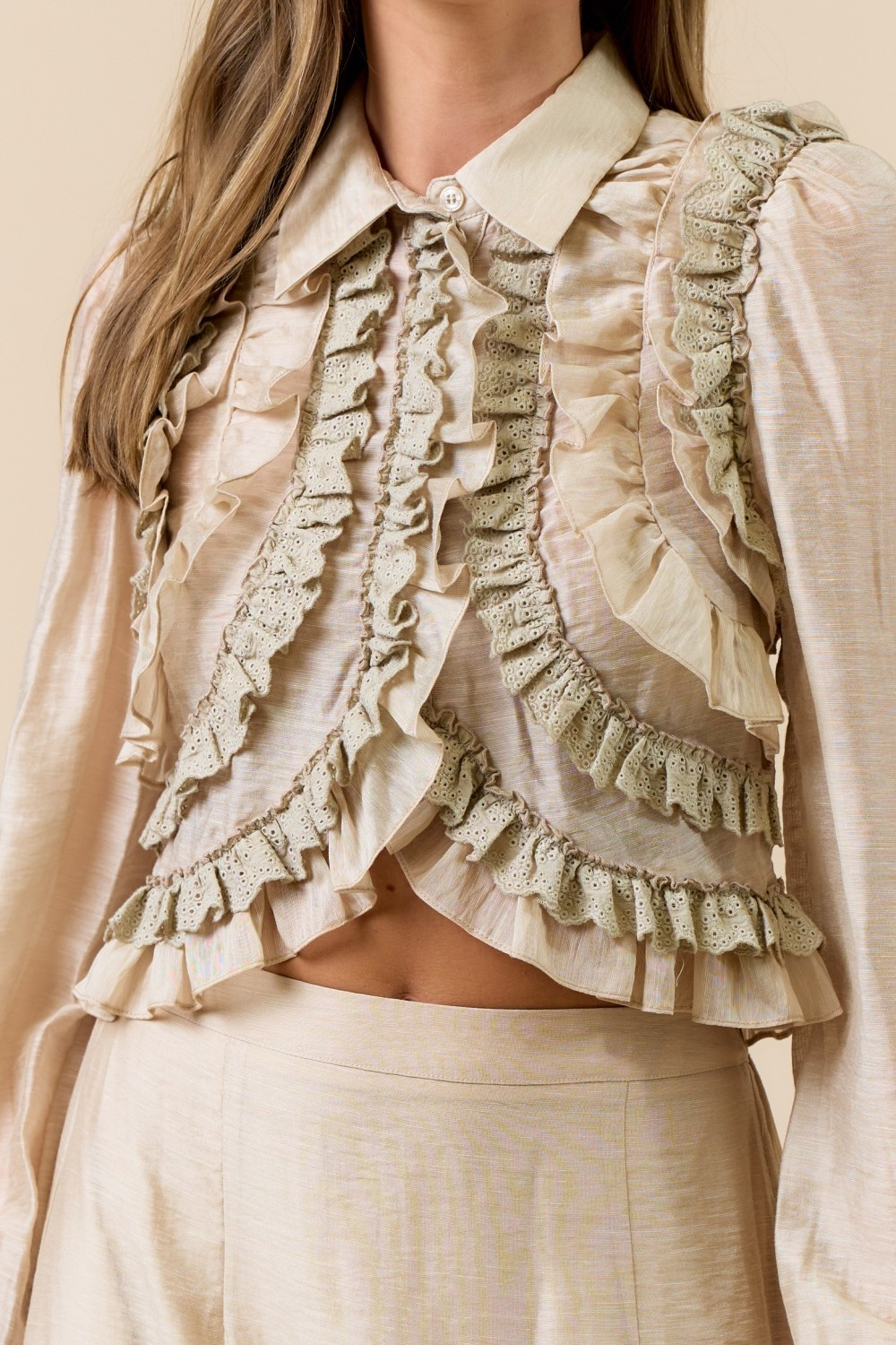 Ruffled Button-down Cropped Set