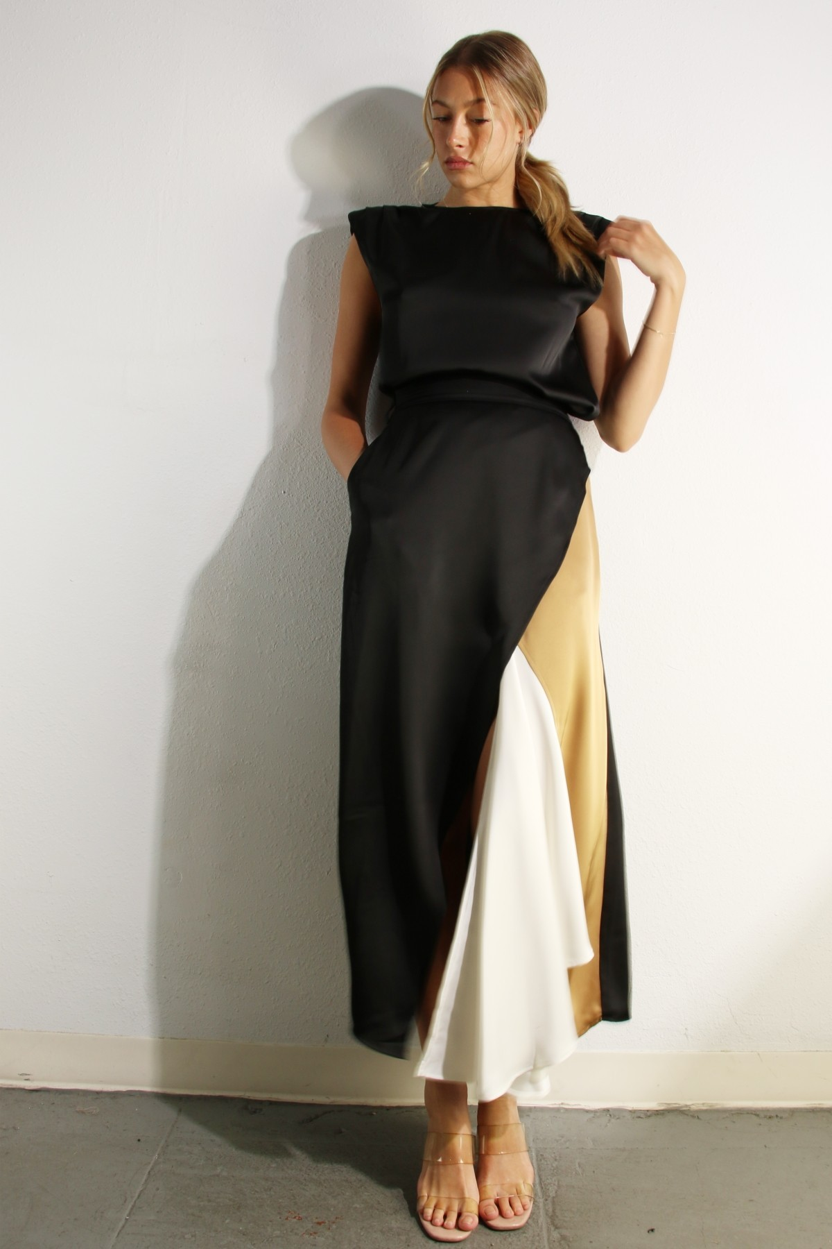 Paded Shoulder Top And Color Block Skirt