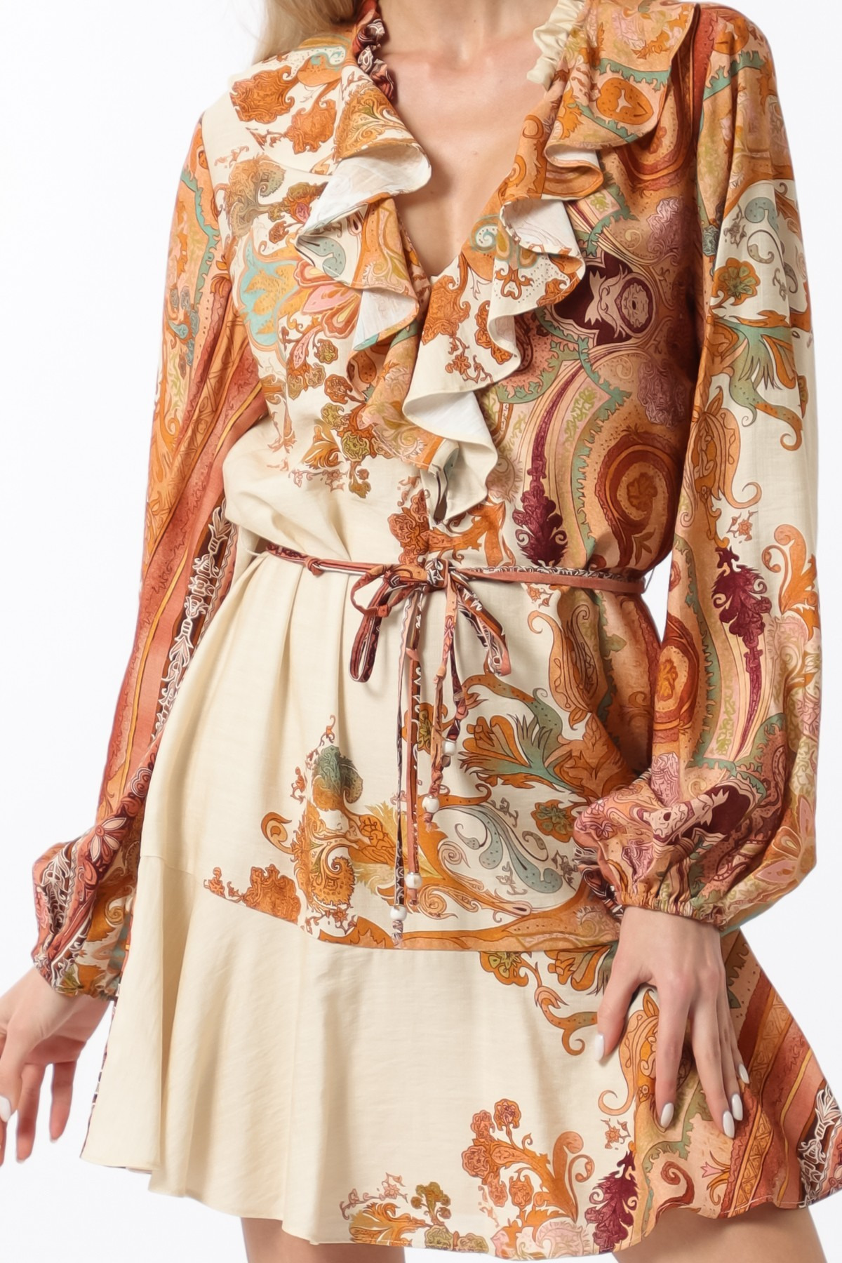 Long Sleeve Ruffle Neck Belted Mini Dress