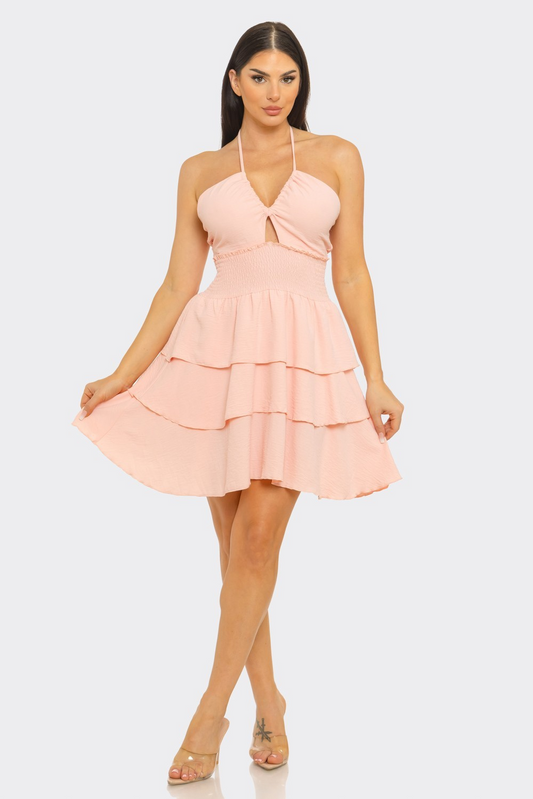Cut Out Smocking Waist Back Halter Tie Dress