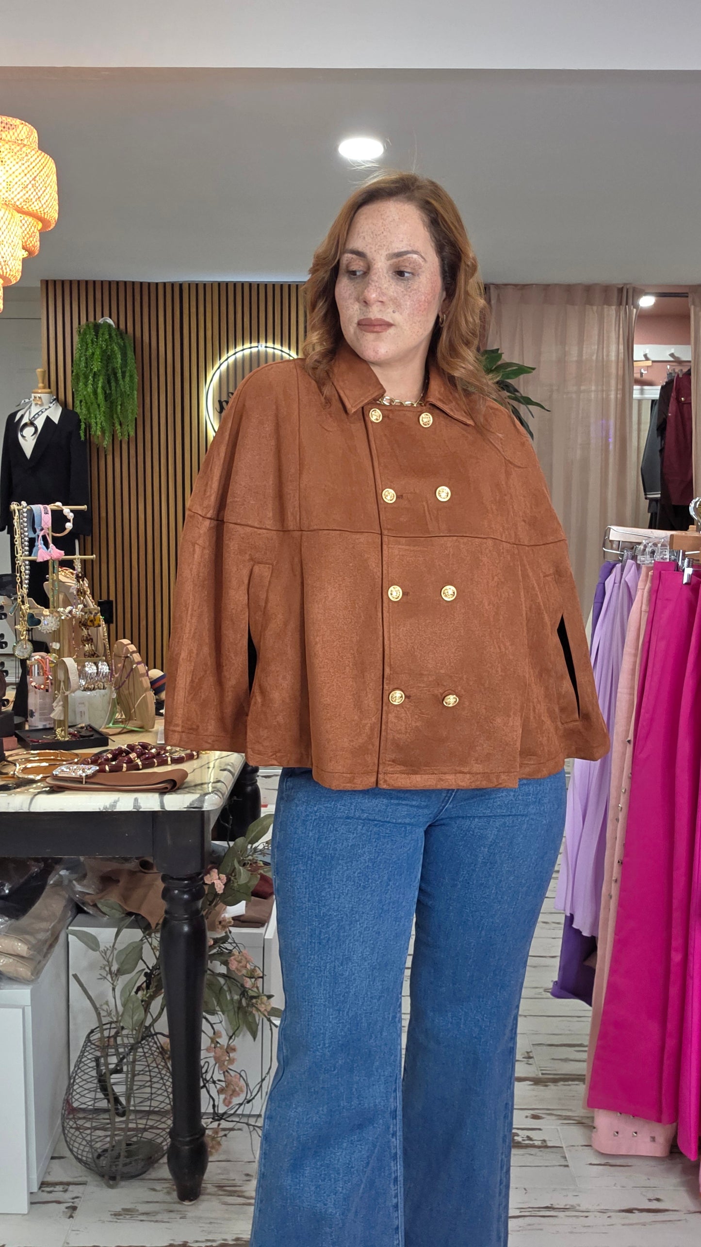 Vintage Loose Double Row Metal Button Cape Coat