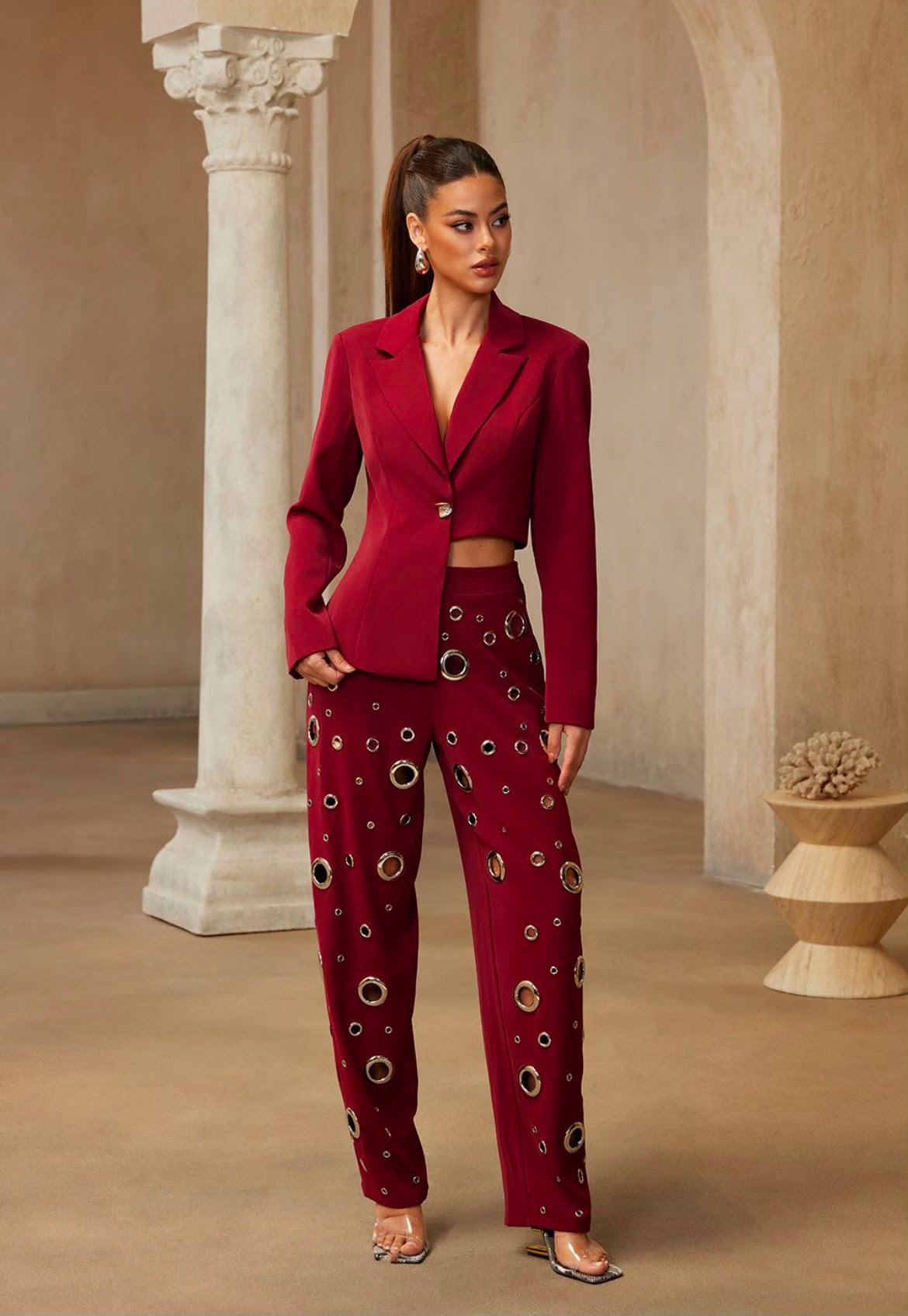 Asymetric blazerMetal ring barrel pants