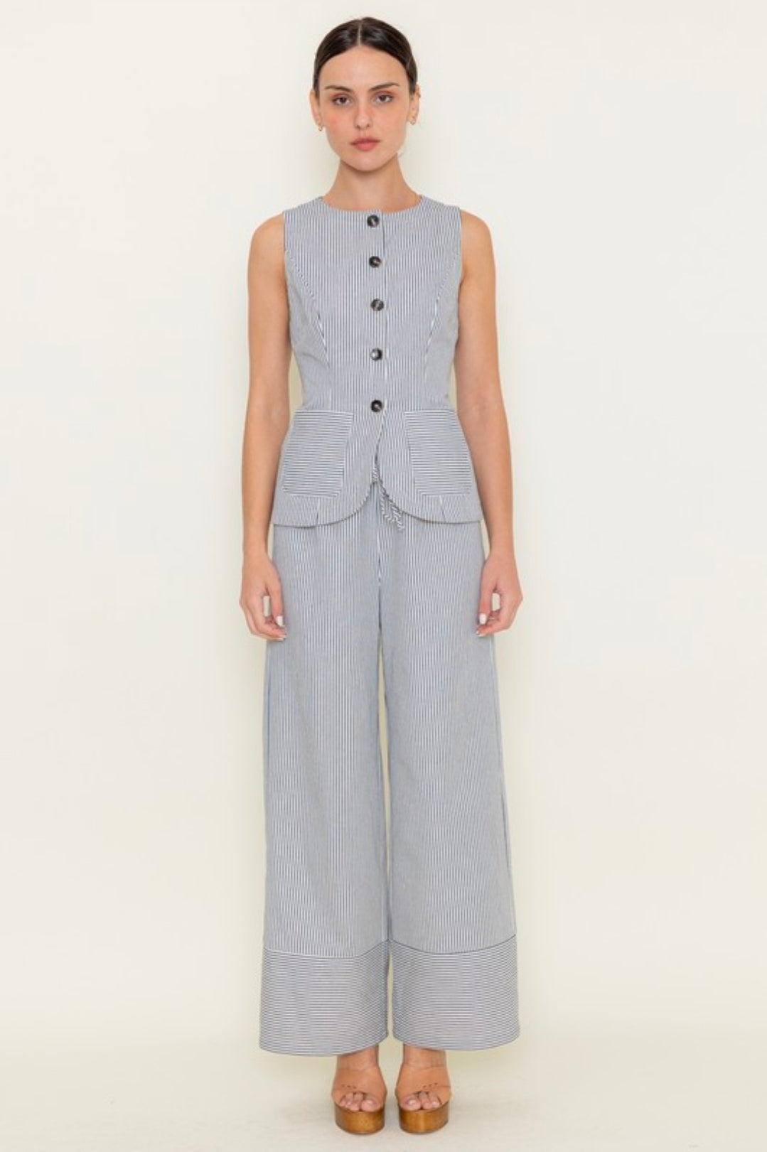 Striped High Waisted Drawstring Tie Wide Leg Pants