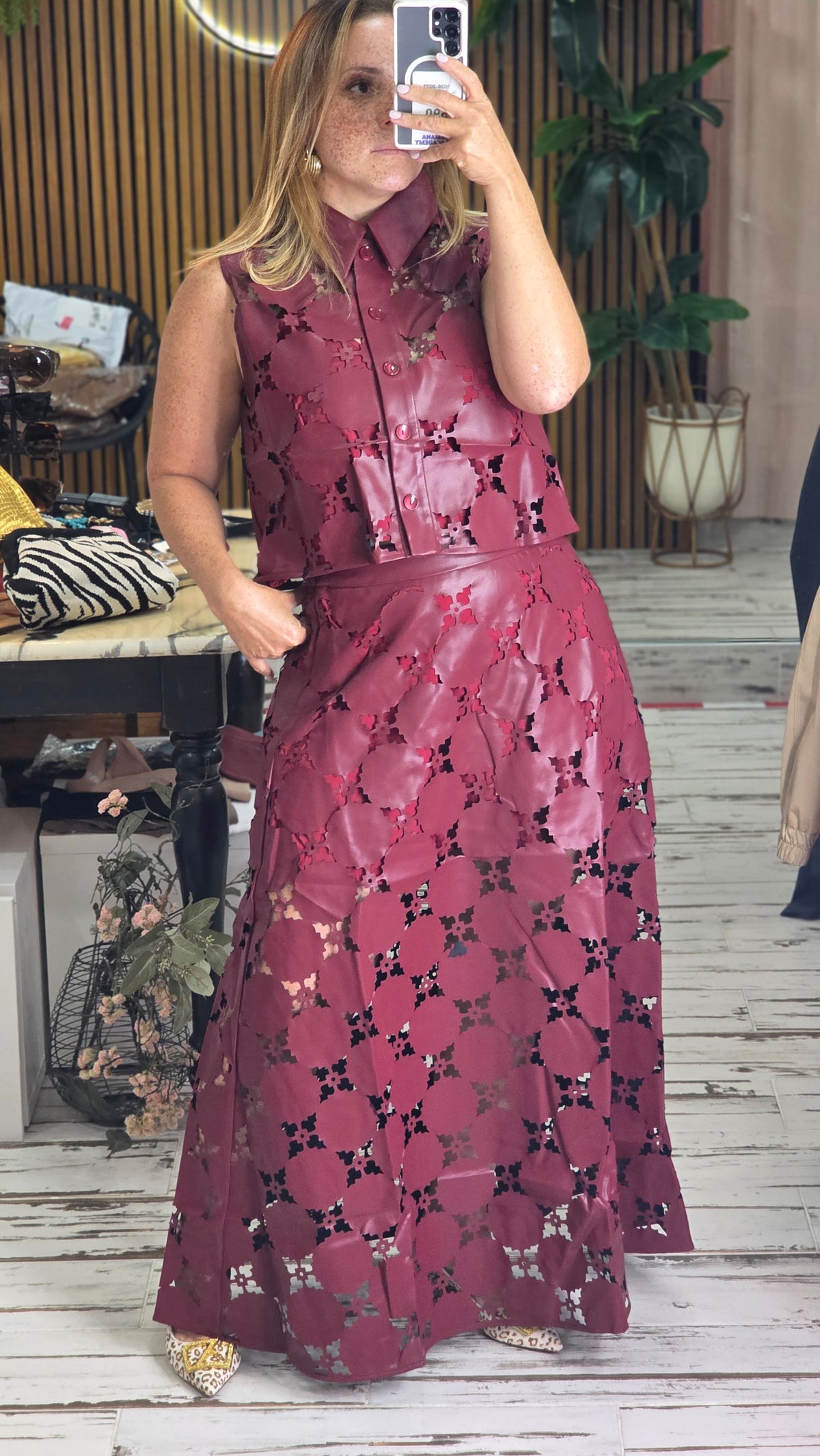 LEATHER LASER SLEEVELEES CUT TOP AND SKIRT