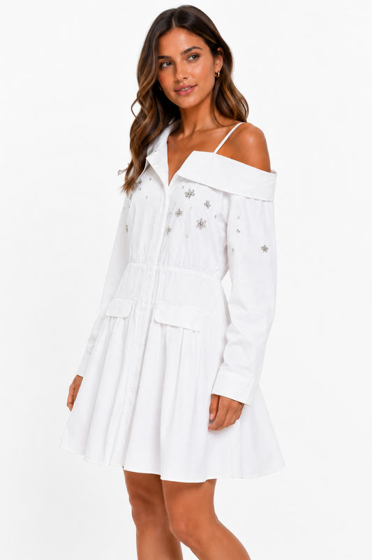 Asymmetrical Rhinestone Shirt Dress