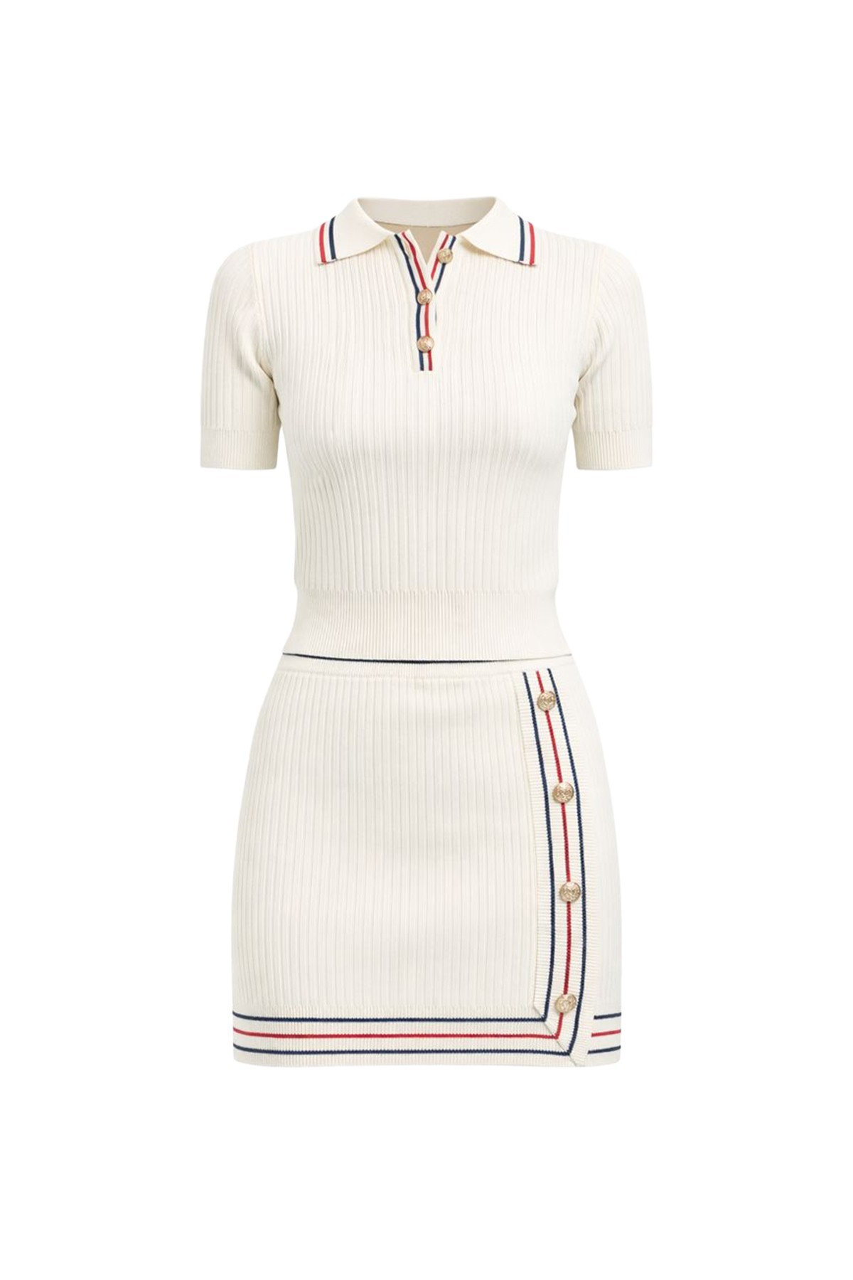 Knit Short Sleeve Top And Skirt Set With Stripe