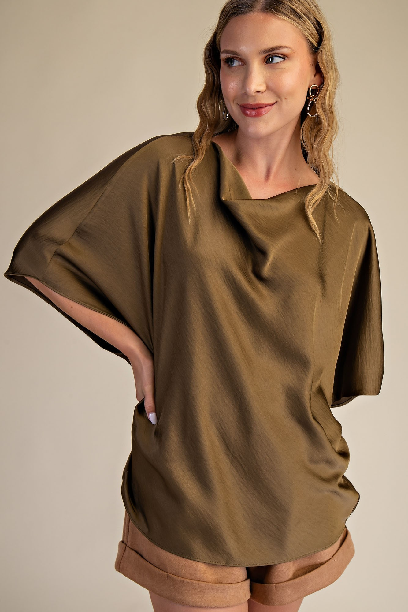 Cowl Neck Elbow Sleeve Satin Top