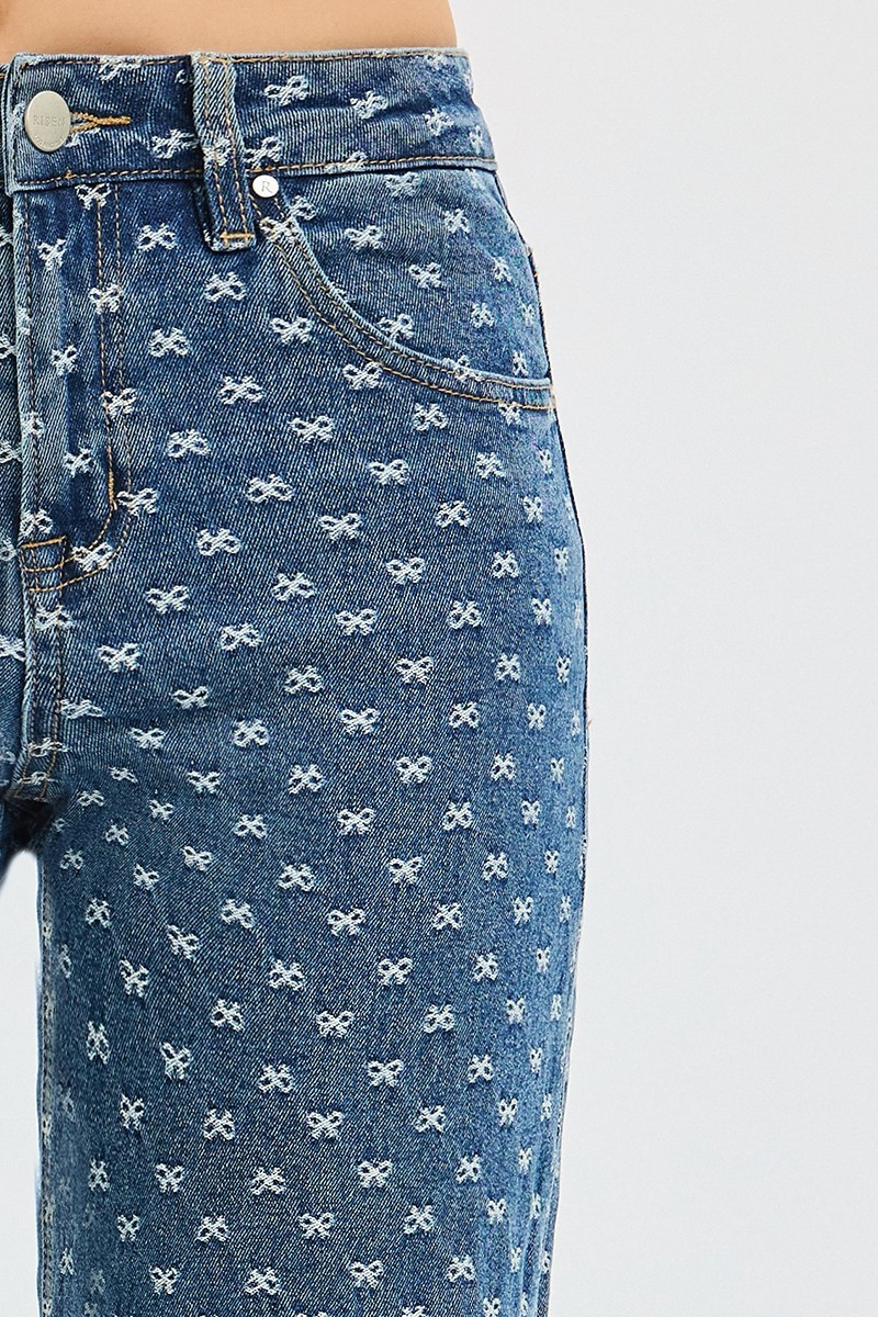 High Rise Wide Leg Bow Embroidered Jeans