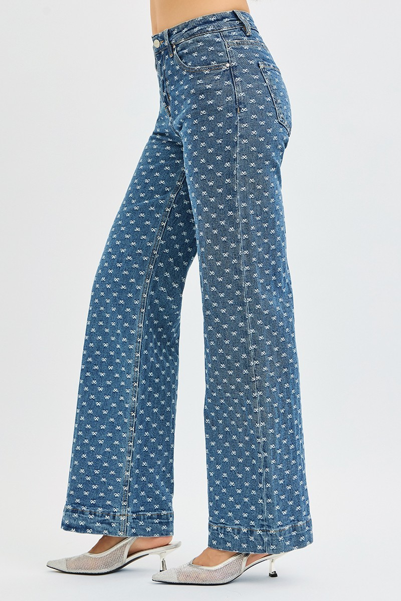 High Rise Wide Leg Bow Embroidered Jeans