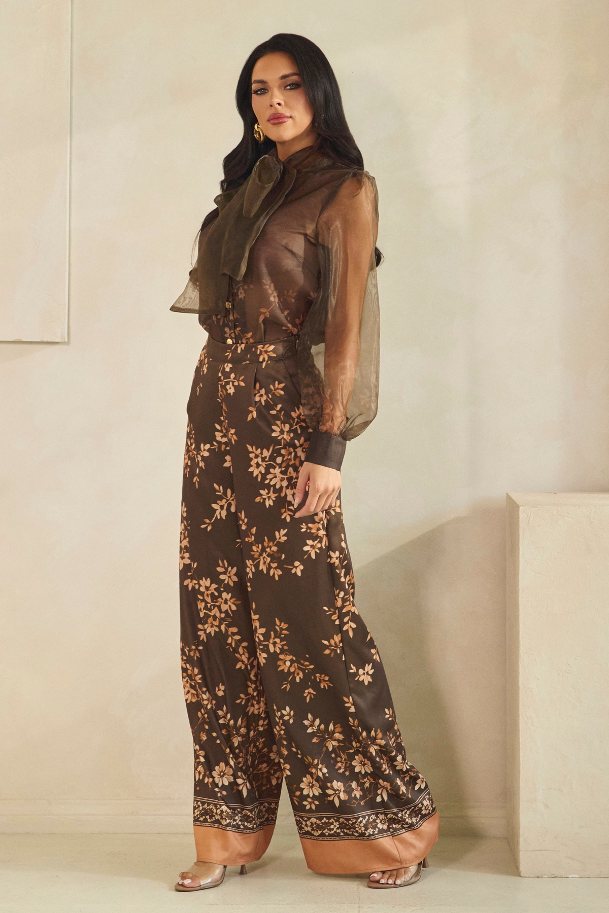 High Neck Dramatic Pissy-bow Tie Blouse & Wide Pant Set