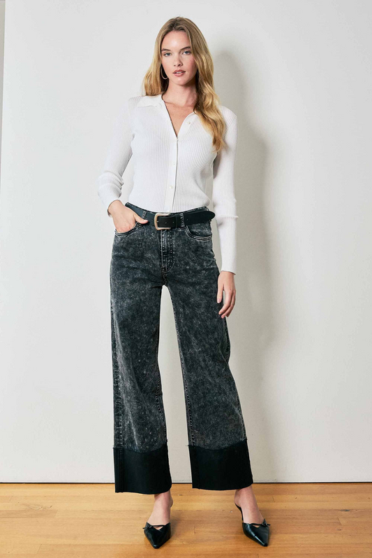 High-rise Stone Wash Cuff Fold Wide Leg Jeans