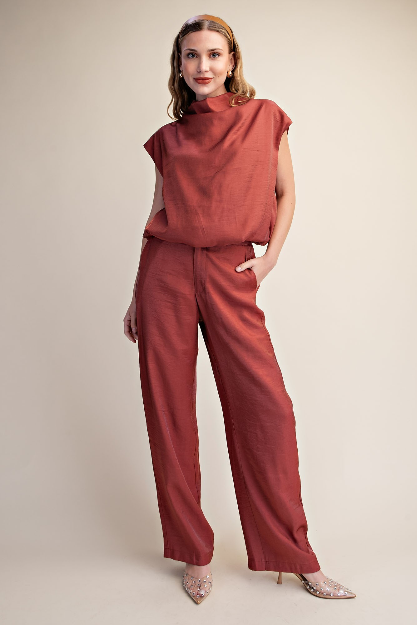 Mock Neck Balloon Top and High Waisted Flowy Pants