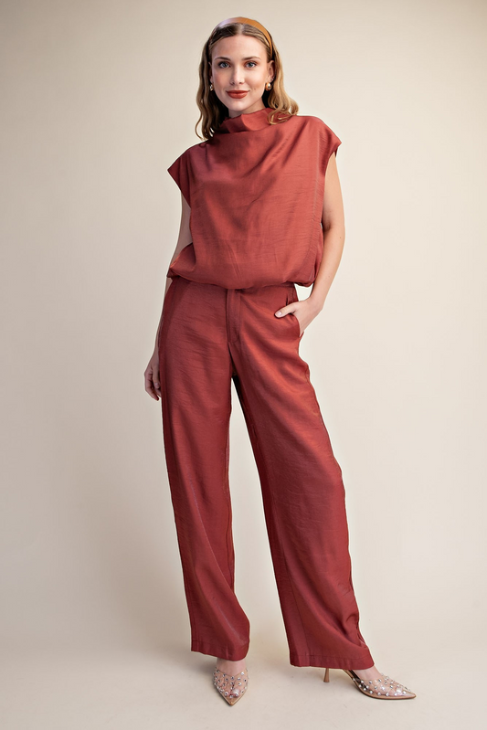 Mock Neck Balloon Top and High Waisted Flowy Pants