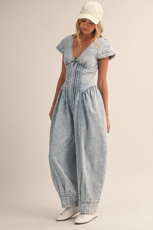 Denim Short Sleeve Pintucked Waist Barrel Jumpsuit