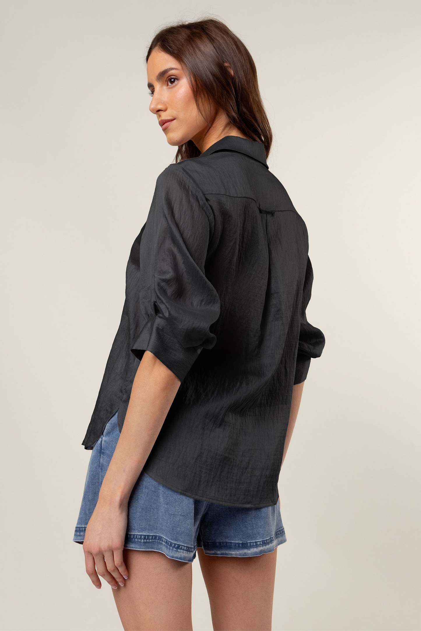 Pleated Short Sleeve Linen Button-up Blouse