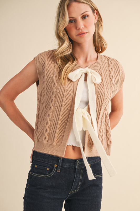 Cable Knit Vest With Front Ribbons