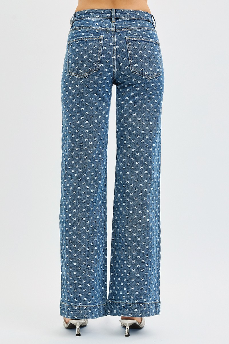 High Rise Wide Leg Bow Embroidered Jeans