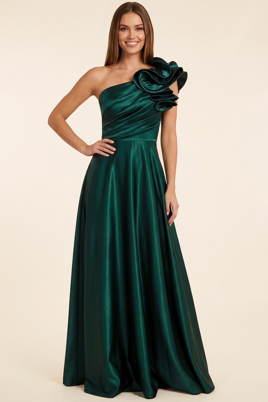 One Shoulder Pleated Satin Maxi Dress