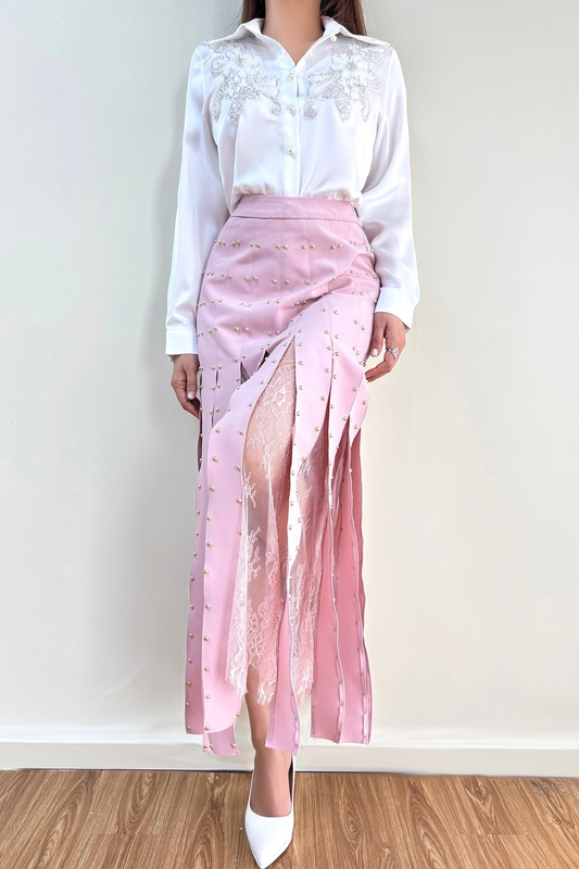 Beaded-embellished Pleated Sheer Skirt