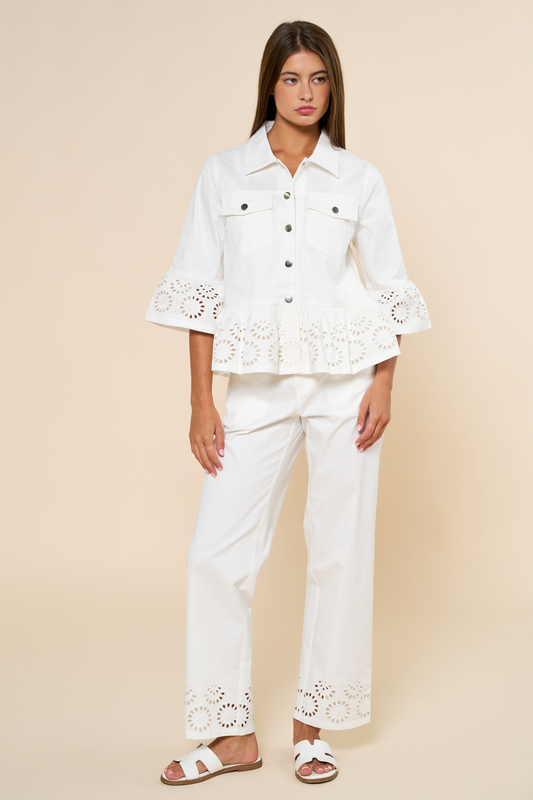 Floral Embroidery Hem Peplum Top AND pants set