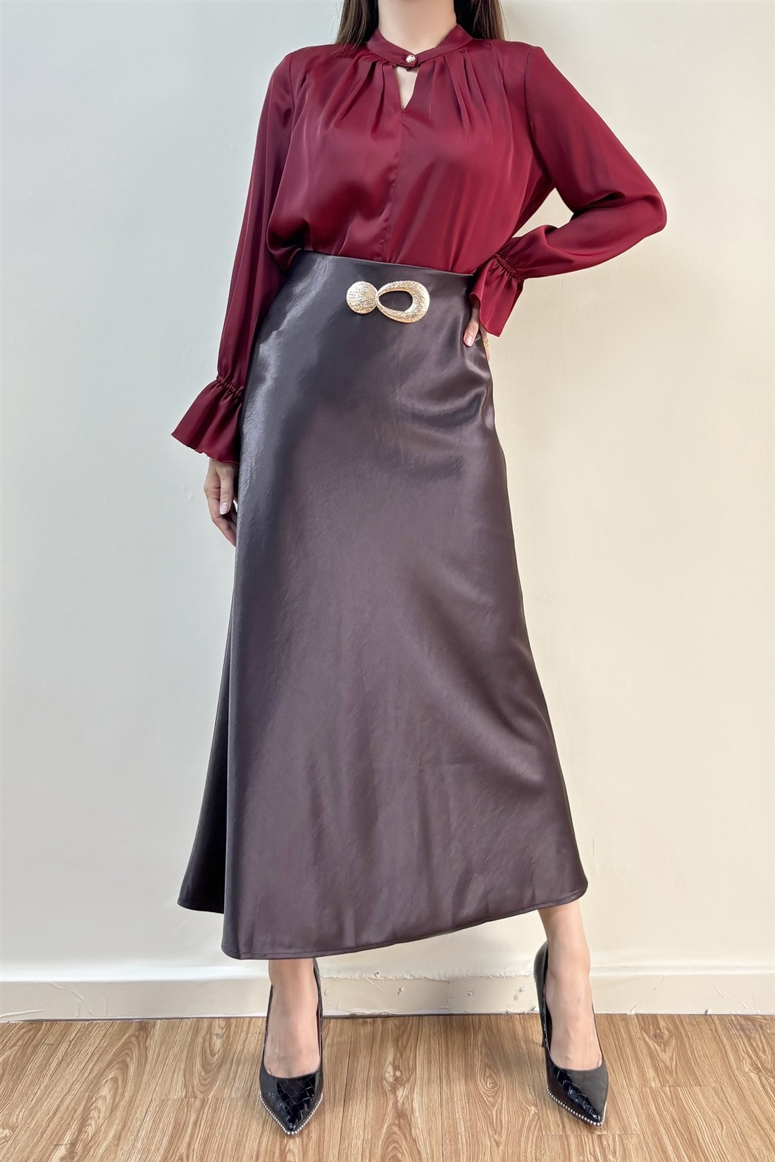 Satin Midi Skirt With Gold Buckle Detail