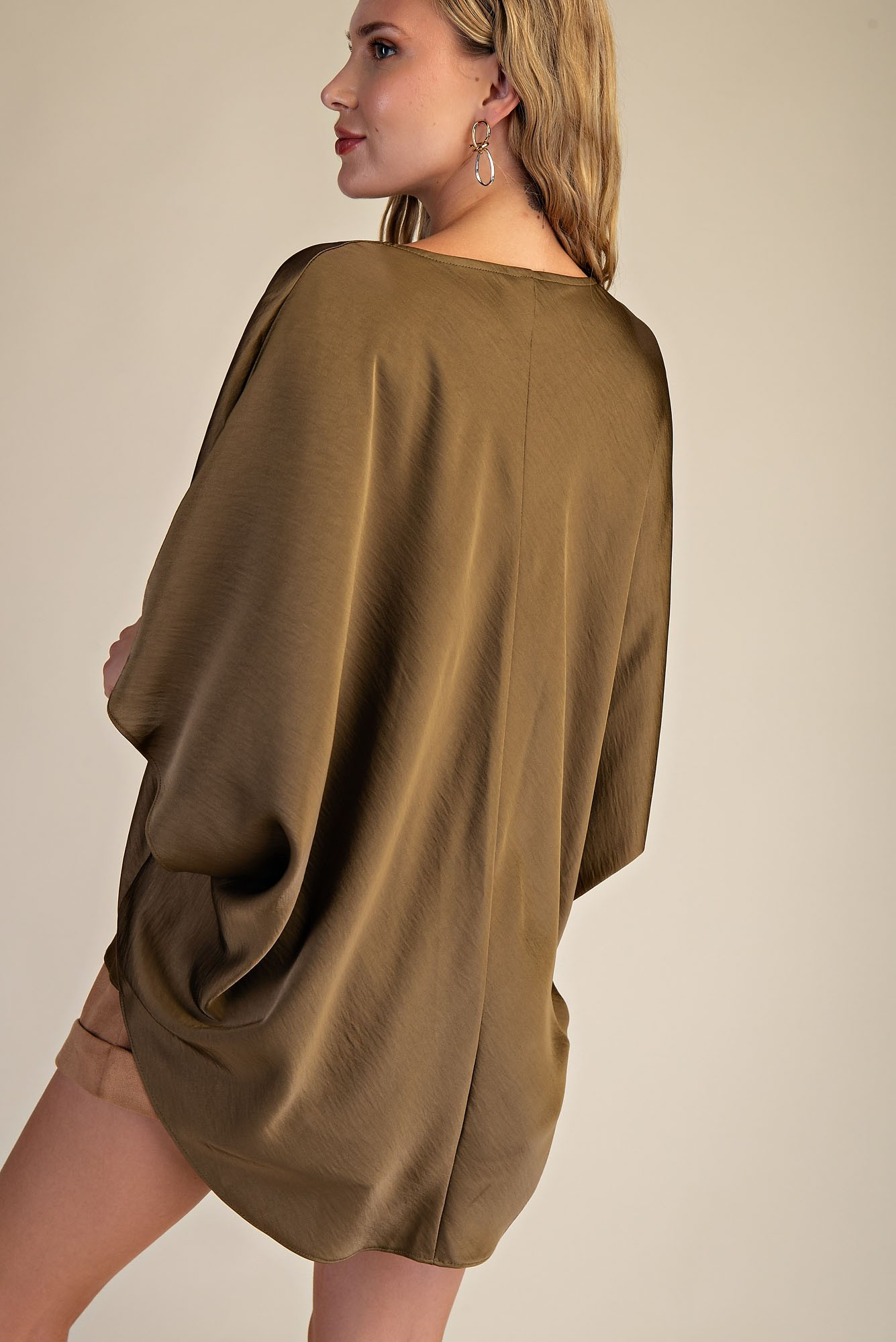 Cowl Neck Elbow Sleeve Satin Top