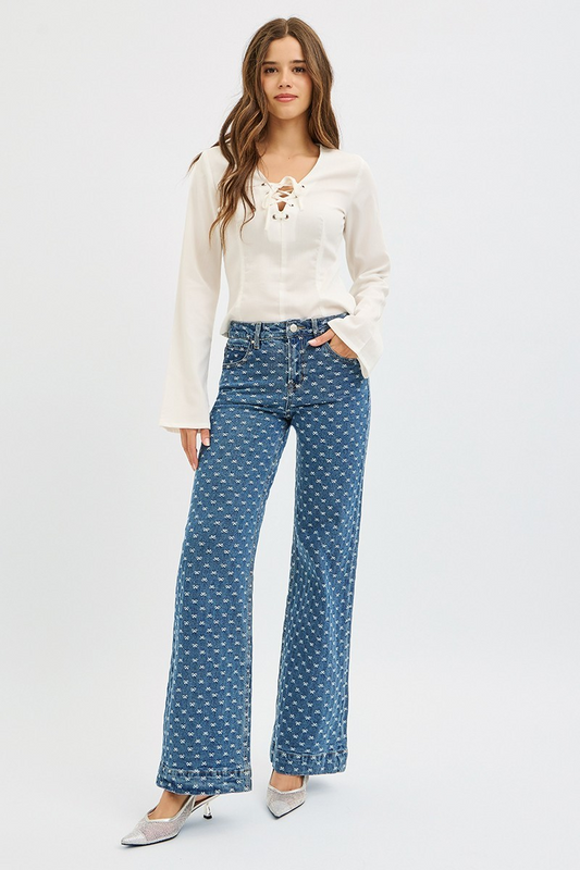 High Rise Wide Leg Bow Embroidered Jeans