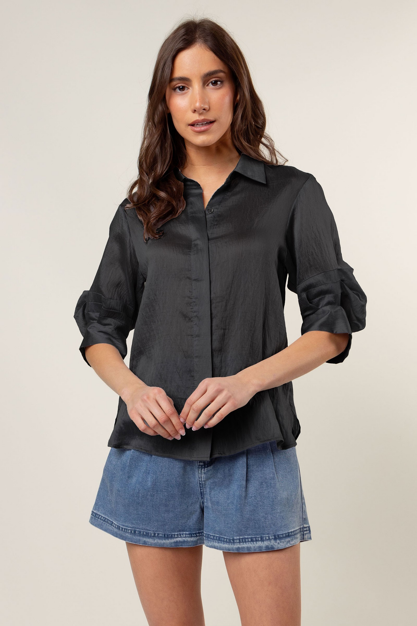 Pleated Short Sleeve Linen Button-up Blouse