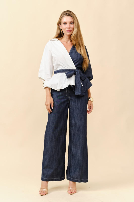 CONTRAST DENIM PEPPLUM SET