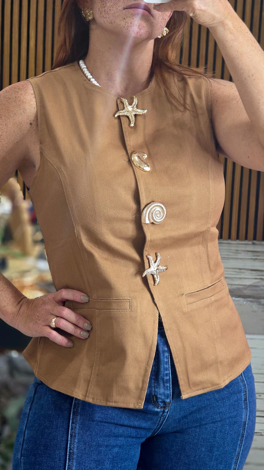 Metal Button Detail Round Neck Top