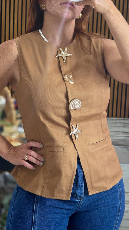 Metal Button Detail Round Neck Top
