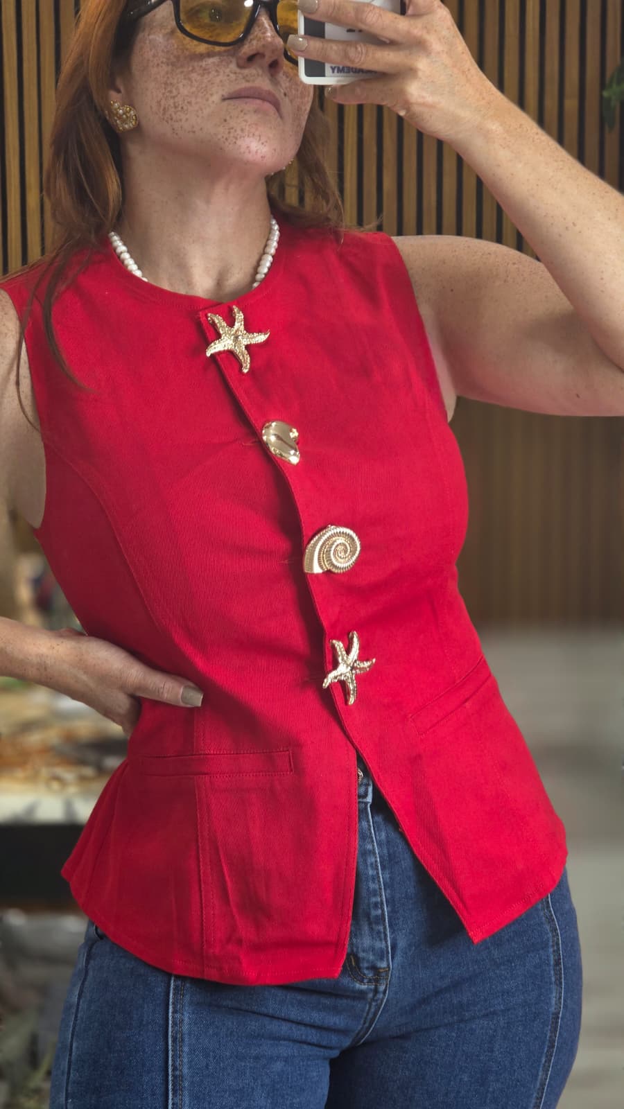 Metal Button Detail Round Neck Top