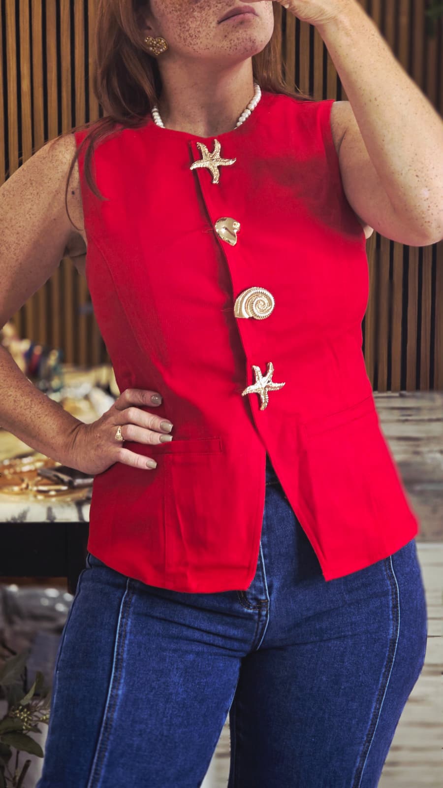 Metal Button Detail Round Neck Top