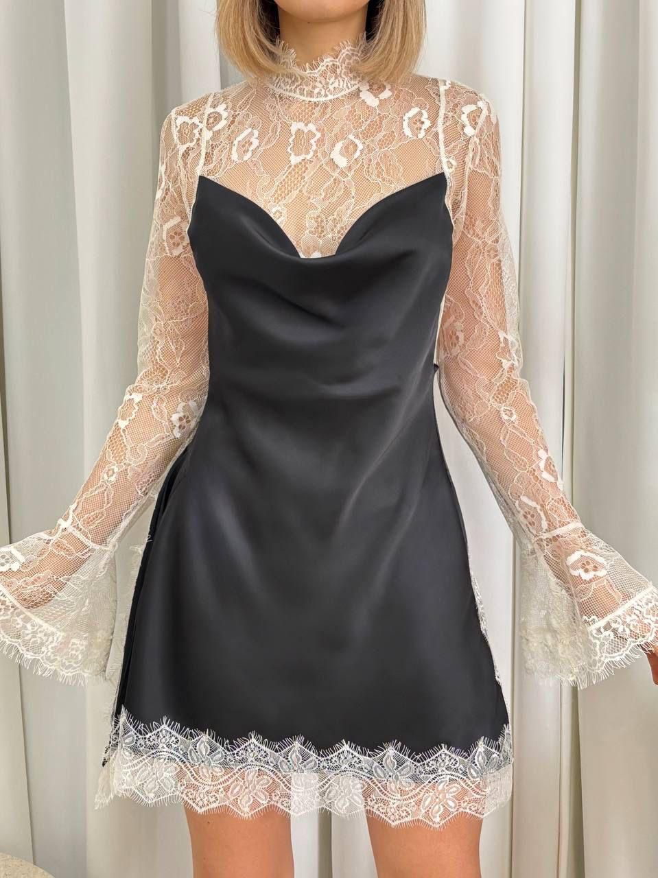Contrast satin lace mini dress