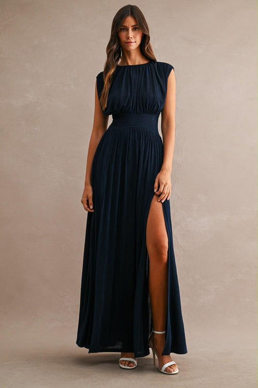 Sleeveless Gathered Bodice Wide Fitted Waistband Maxi Dress