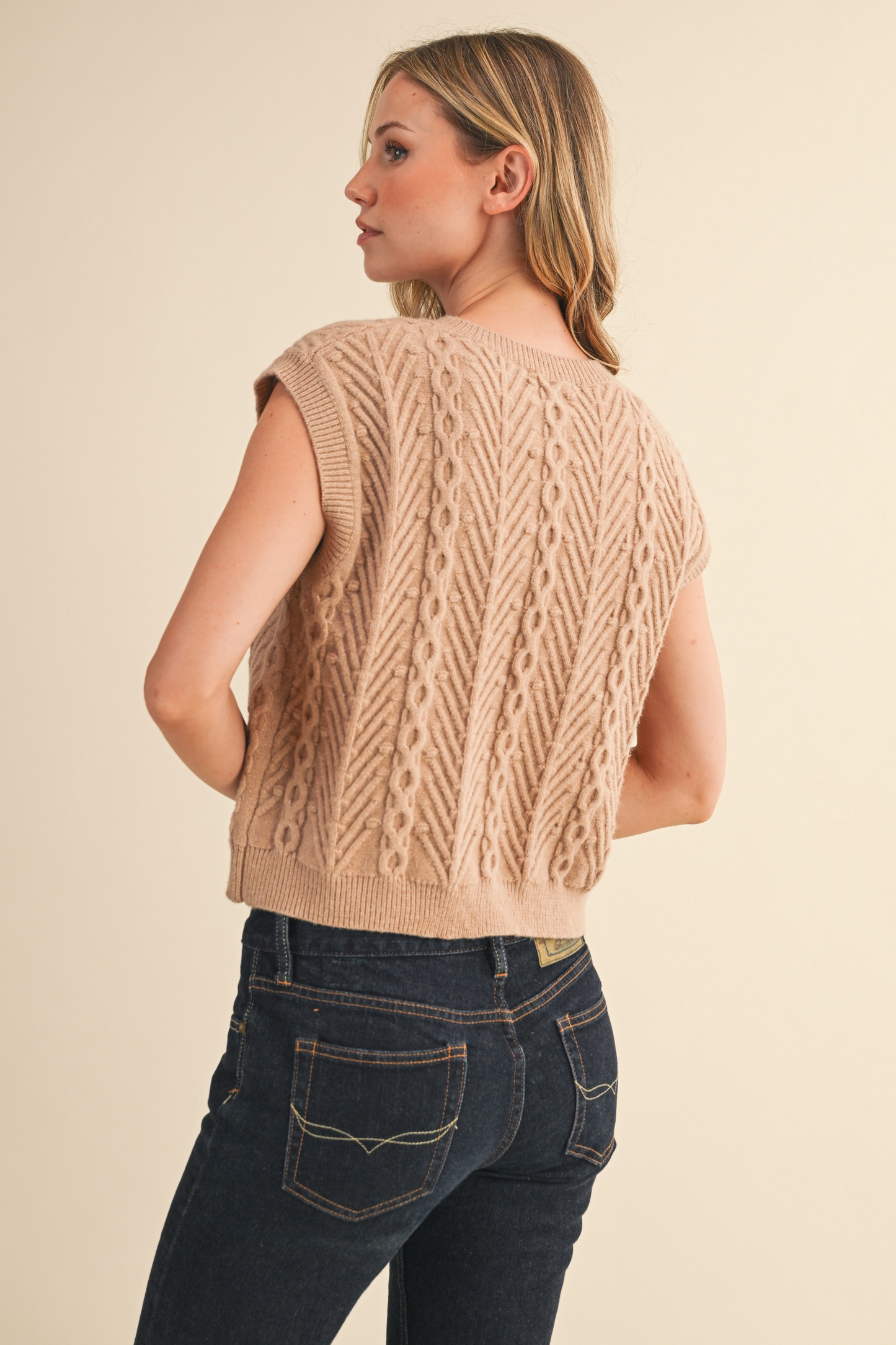 Cable Knit Vest With Front Ribbons