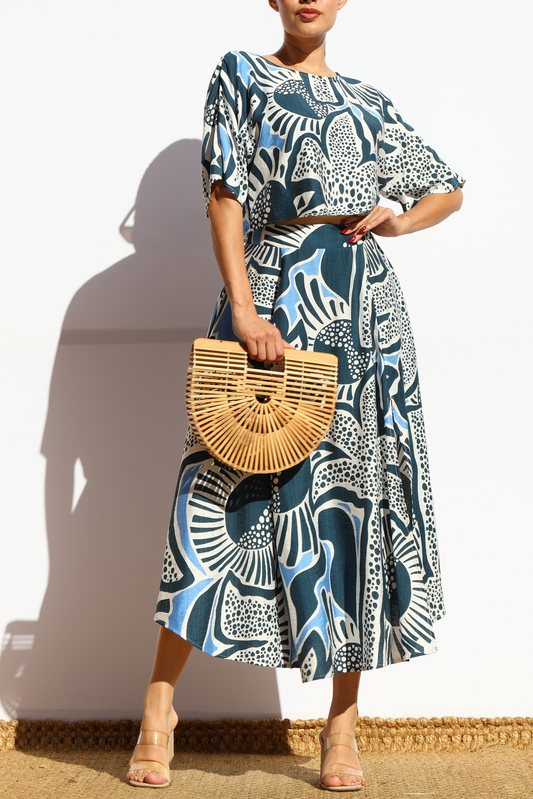 Printed Loose Fit Top And Flared Midi Skirt Set