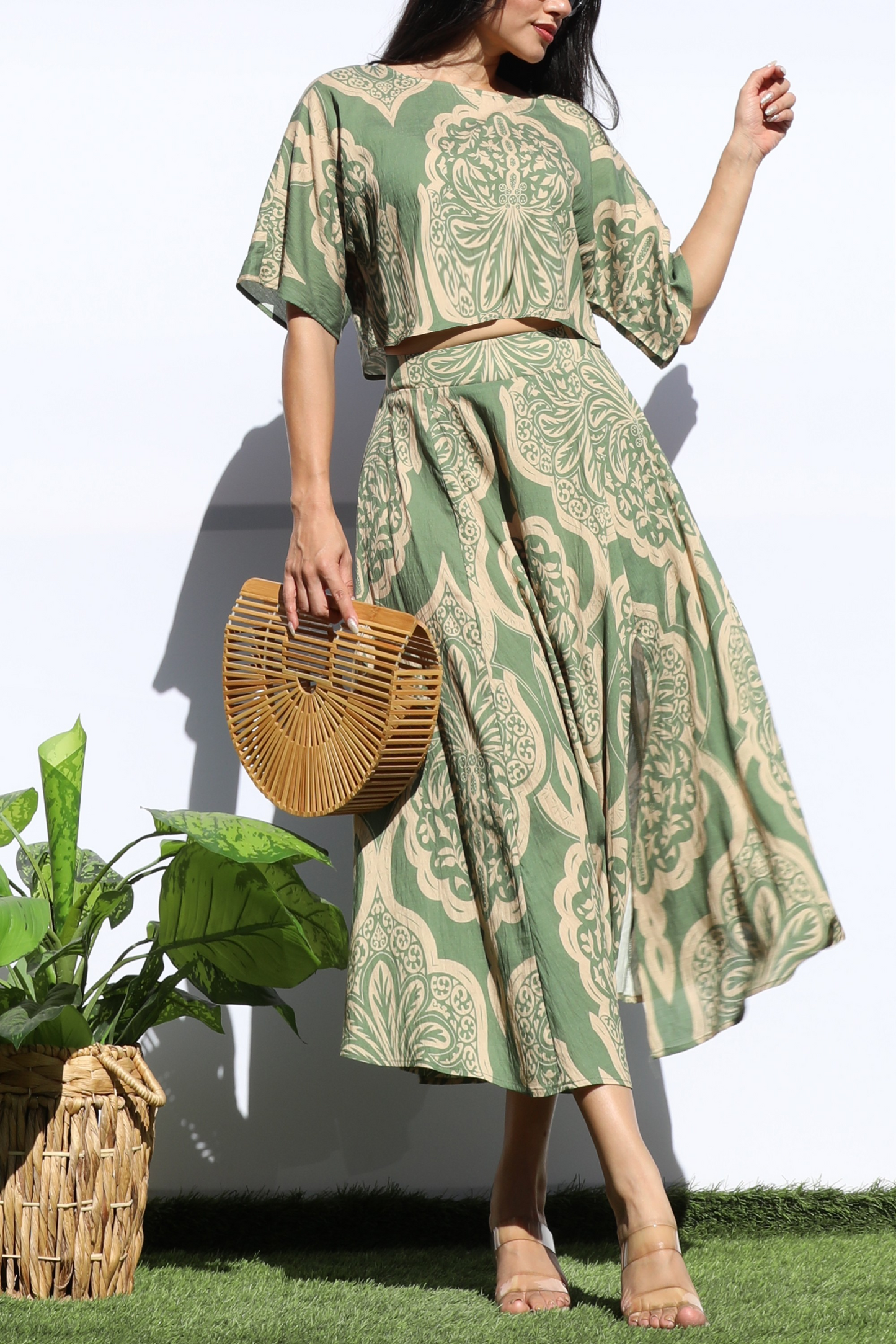 Printed Loose Fit Top And Flared Midi Skirt Set