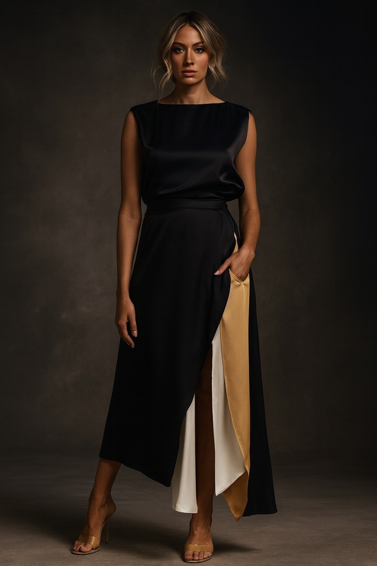 Paded Shoulder Top And Color Block Skirt
